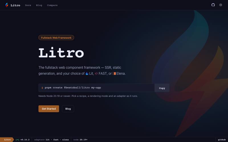 The Litro home page: a dark landing page with the Litro wordmark in a monospaced face, the flame mark cropped against the right edge, a copyable install command, and a terminal status line at the foot.