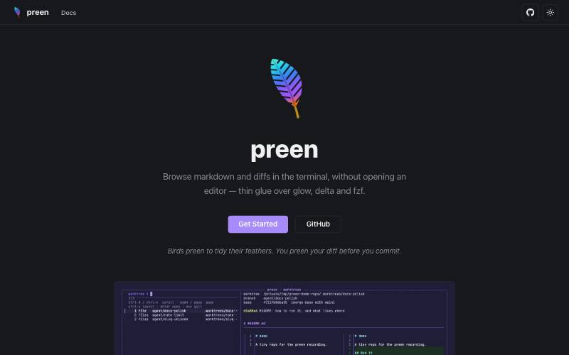 The preen documentation site: a dark page with a left sidebar of documentation links and a prose column beside it.