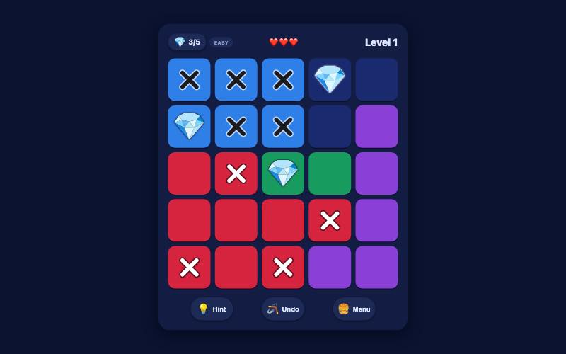 The Qdoku puzzle game part way through a round, in its Gem theme: a five by five grid of blue, red, green and purple tiles with three diamonds placed and nine cells crossed out, a three of five counter and three lives above it, and Hint, Undo and Menu buttons below.