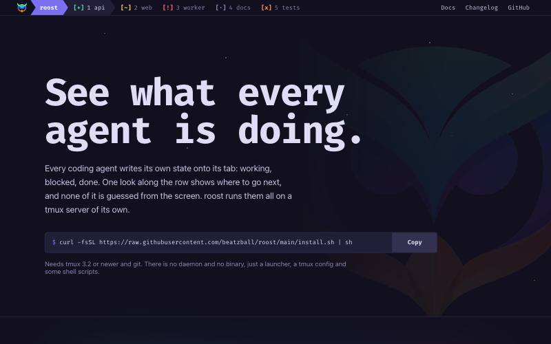 The roost home page: a dark landing page with a terminal status bar across the top, a large monospaced headline reading “See what every agent is doing.”, and a copyable install command.
